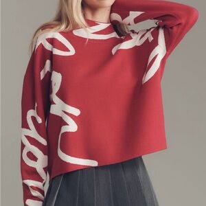 Red Sweater with White Script Graphic